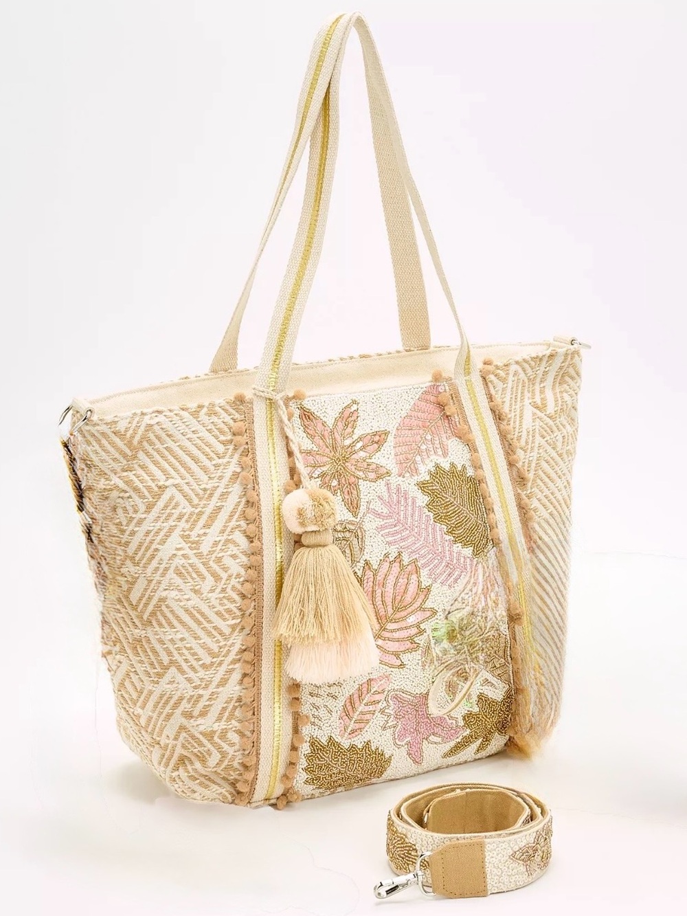 America & Beyond Enchanted Rose Gold Beaded Embellished Beach Tote Shoulder Bag